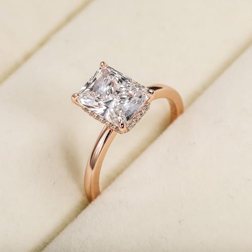 EAMTI 1/2/3/4CT 925 Sterling Silver Engagement Rings Radiant Cut Solitaire Cubic Zirconia CZ Wedding Promise Rings for Her Wedding Bands for Women Size 3-11 - color: Rose Gold-3CT
