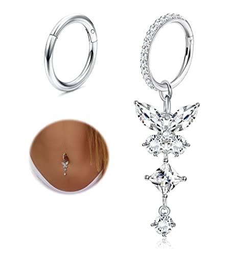 THUNARAZ 2Pcs Belly Button Rings for Women Surgical Stainless Steel Clicker Belly Rings Hoop CZ Heart Butterfly Dangle Navel Rings Belly Piercing Jewelry Silver Tone 14G - color: Silver Tone-Dangle Butterfly