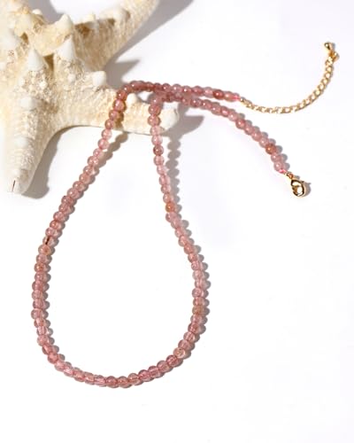 Simple Choker Necklace for Women Real Stone and Crystals Necklaces 4mm Beaded Choker Jewelry Meditation Gift for Women (16"+2") - style: Strawberry Quartz