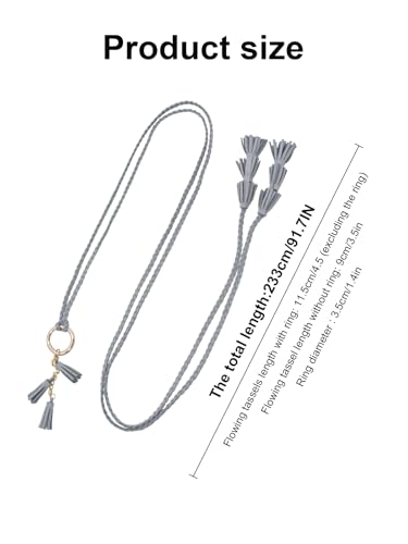 TeeYee Women Girls Multi Colors Braided Waist Tie Belt/Rope/Chain with Tassel Fringe Wrap Cloth Belts for Ladies Dress Pants - color: 286grey