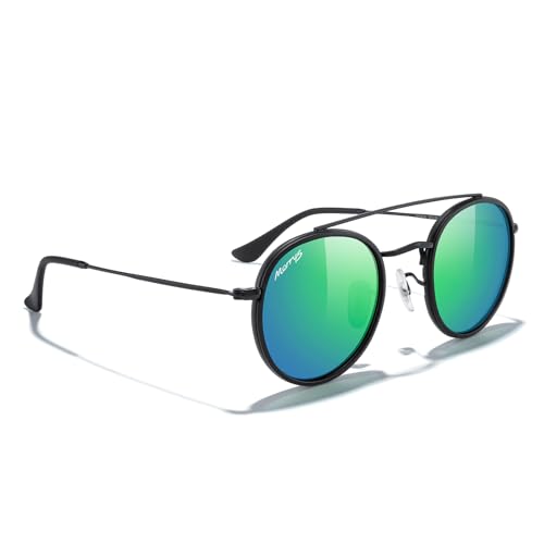MERRY'S Retro Round Polarized Sunglasses - Unisex Double Bridge Sun Glasses - color: Matte Black Frame/Matte Black Bridge/Green Mirror Lens