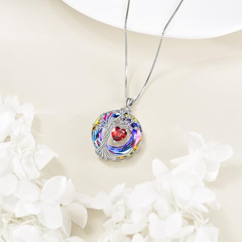 POPLYKE Mothers Day Gifts for Mom Her Wife Tree of Life Necklace 925 Sterling Silver Birthstone Pendant with Crystal Anniversary Birthday Wedding Jewelry for Women - color: 01-Jan-Garnet, style: White Gold Plated-Volcano Crystal