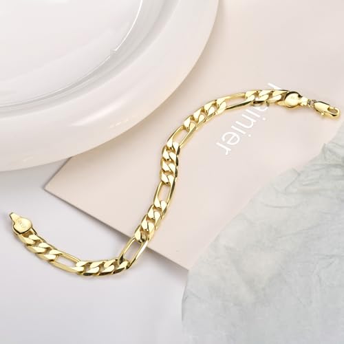 7mm Diamond-Cut Figaro Bracelet 14K Gold Link Bracelets Simple Trendy Non-tarnish Waterproof Gold Bracelets for Women and Men Fashion Accessories Jewelry Gift Unisex Lifetime Quality - color: 7mm Figaro Bracelet-7.5