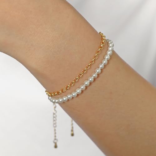 Dainty Pearl Chain Bracelets 14K Gold Bracelet for Women Adjustable Baroque Culture Jewelry Gifts for Mother Wife - color: I