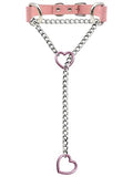 Black Leather Choker Collar For Women, Handmade Heart Slip Chain Choker Long Necklace with Adjustable Buckle - color: B-Pink-Silver-Pink, size: 18''chain