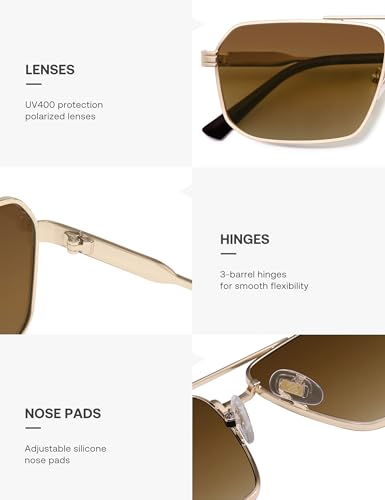 SOJOS Retro Polarized Square Sunglasses for Women Men Vintage Large Double Bridge UV Protection Metal Sun Glasses SJ1246 - color: Gold/Brown Grading