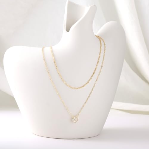 Dainty Gold Necklaces for Women Trendy Non Tarnish 14K Gold Plated Cubic Zirconia Necklace Layered Simple Cute Four Leaf Clover Choker Jewelry Birthday Gifts - color: Gold, style: Layered CZ