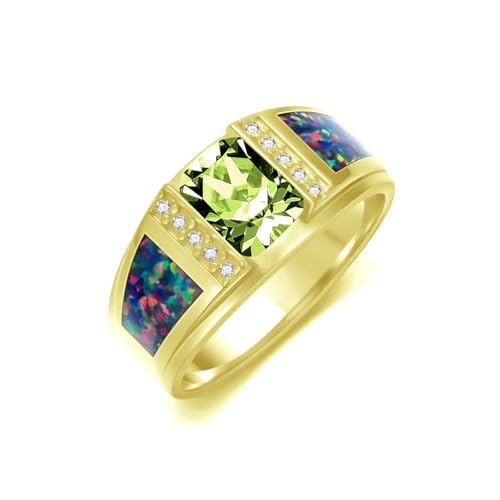 2CT Gemstone Wedding Ring for Men S925 Sterling Silver Gold Plated Opal Engagement Ring Vintage Retro Jewelry for Men Husband Anniversary Free Engraved Size 4 to 16 - style: Peridot