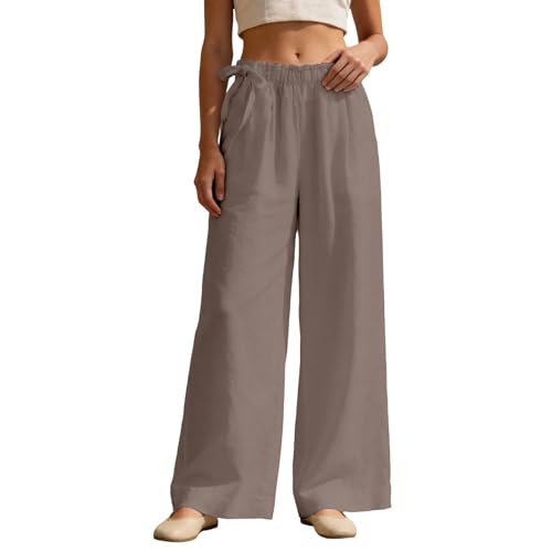 JiXiang Women's Palazzo Pants Wide Leg Boho High Waisted Side Drawstring Lounge Trousers Flowy Casual Loose Lightweight Pants - color: 1-brown, size: XX-Large