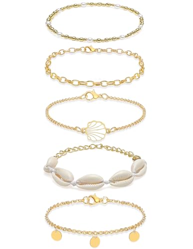 Shell Ankle Bracelets Set for Women Boho Bead Anklets Hawaiian Summer Beach Seashell Pearl Disc Puka Cowrie Conch Foot Chain Jewelry Gifts Gold Tone Adjustable - style: Disc