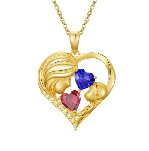 Mothers Day Gifts 14K Yellow Gold Mother Daughter Heart Pendant Necklace with 12 Months Birthstone Birthday Gifts for Mom Anniversarry Jewelry for Mom Wife Girlfriend - color: 01-09-Jan-Sept Birthstone