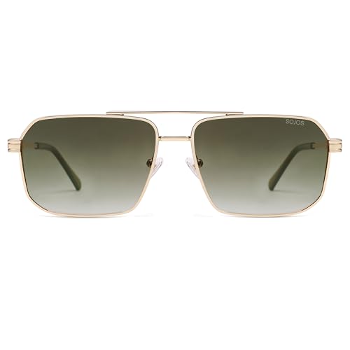 SOJOS Retro Polarized Square Sunglasses for Women Men Vintage Large Double Bridge UV Protection Metal Sun Glasses SJ1246 - color: Gold/Greyish-green Grading