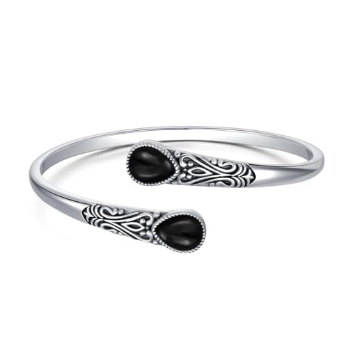 925 Sterling Silver Genuine Gemstone Bracelet for Women Men Handmade Adjustable Boho Navajo Style Bangle Cuff Natural Stone Jewelry Gift - color: Black Onyx