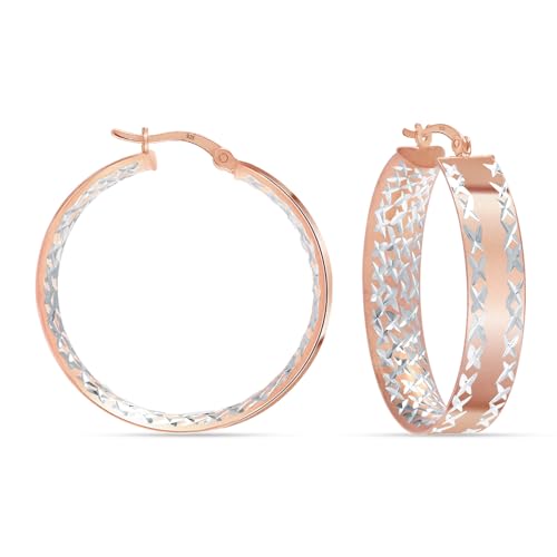 LeCalla 925 Sterling Silver Hoop Earrings for Women | 14K Gold-Plated & Rose Gold-Plated Diamond-Cut Hoop Earrings | Textured Click-Top Hoops Earring Jewelry - color: Rose Gold DC Textured-31MM