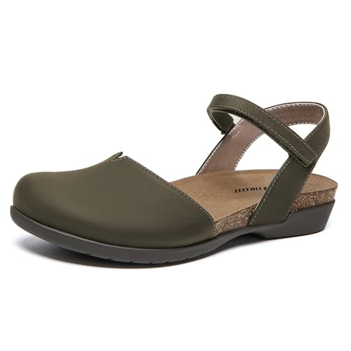 Athlefit Women's Closed Toe Sandals Comfort Cork Footbed Arch Support Flat Sandals - color: Ivy, size: 11