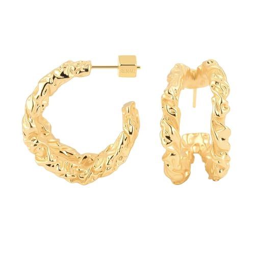 RENAIZ Bold Statement Hoop & Stud Earrings for Women – 14K Gold & Rhodium Plated Maximalist Jewelry, Chunky Geometric Boho Earrings, Hypoallergenic Non-Tarnish Trendy Gift - color: Yellow Gold, style: Lava Chunky