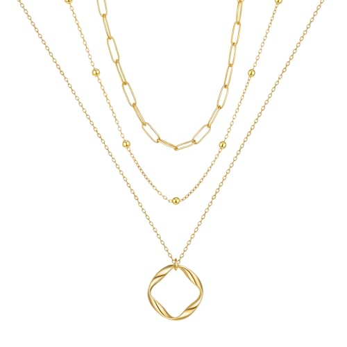 Women's Multi-Layered Gold Necklace, Stackable Delicate 14K Gold Plated Fashion Round Multi Layers Pendant Necklace, Gold Jewelry Set Gifts - color: Gold3