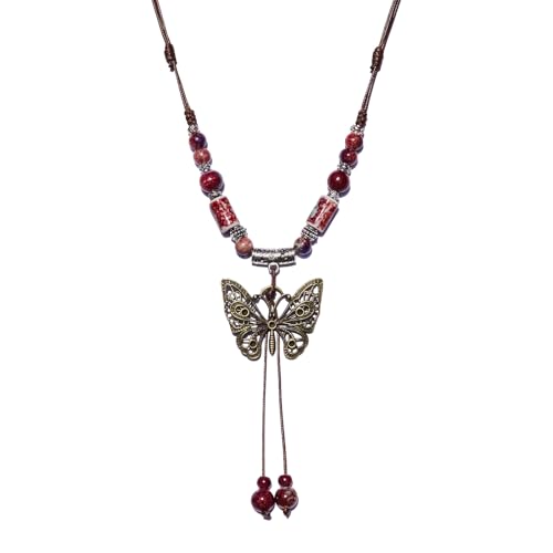 Boho Style Colorful Ceramic Bead Strand Necklace Adjustable Bohemian Jewelry Gift for Women, Fashion Clothing Matching Necklace - color: Maroon