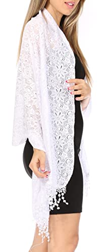Sakkas Mari Women's Large Lightweight Soft Lace Scarf Wrap Shawl Floral and Fringe - color: Style8-white