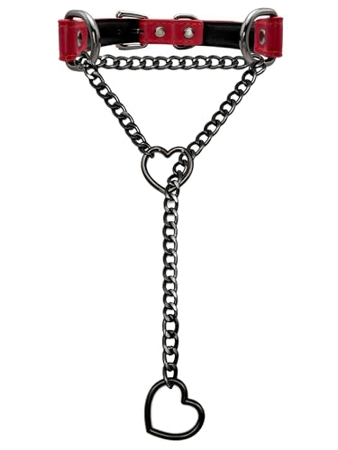 Black Leather Choker Collar For Women, Handmade Heart Slip Chain Choker Long Necklace with Adjustable Buckle - color: B-Red-Black-Black, size: 18''chain