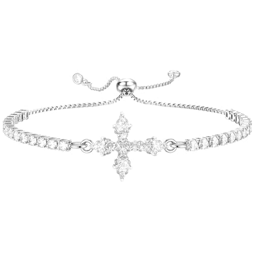 VIBILIA Bracelets for Women, Cross Bracelets for Women Trendy, Dainty Tennis Bracelet, Catholic Gift for Mom Daughter Wife Sister Friend, Communion Gift on Birthday Valentine's Day Easter Mother's Day - color: B. Silver-White