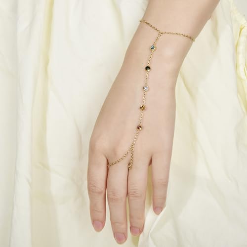 Hand Chain Bracelet Stainless Steel Finger Ring Bracelet Adjustable Gold Plated Hand Chain CZ Stackable Boho Minimalist Jewelry for Women - color: Gold Hand Chain Bracelet AN135G