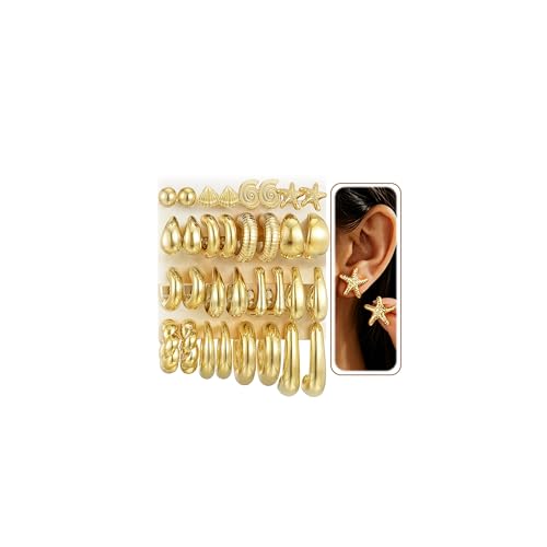 16 Pairs Starfish Chunky Gold Hoop Earrings Set for Women, Beach Shell Style Stack Statement Earrings, Hypoallergenic Lightweight Gold Plated Trendy Summer Jewelry Gift - color: gold-ocean