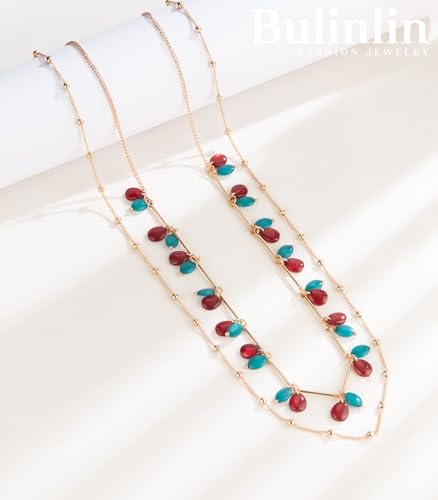 BULINLIN Layered Long Necklaces for Women Long Beaded Chain Necklace CostumeJewelry Mothers Day Gifts for Mom - color: Red green