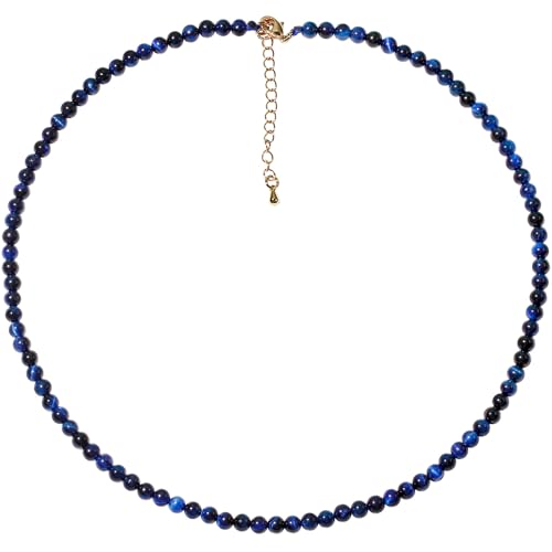 Simple Choker Necklace for Women Real Stone and Crystals Necklaces 4mm Beaded Choker Jewelry Meditation Gift for Women (16"+2") - style: Blue Tiger's Eye