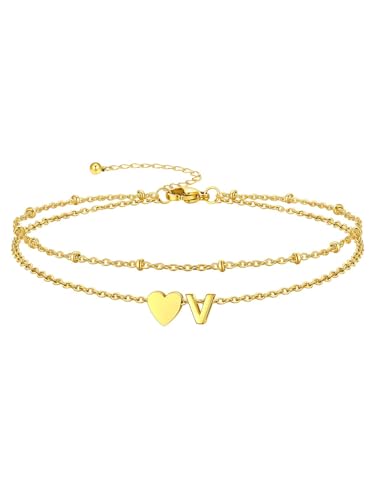 Silvora Ankle Bracelets for Women Waterproof 14K Gold/Silver/Black Initial Anklet for Women Dainty Layered Heart Ankle Bracelets Stainless Steel Adjustable Foot Chain Anklet Summer Beach Jewelry - color: Gold-14K Gold Plated, size: 22.V