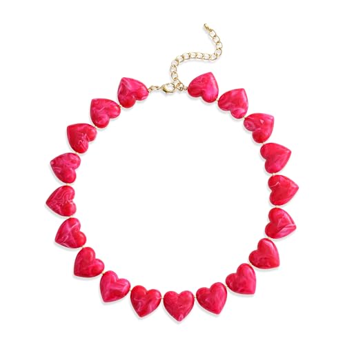 YUJIE Amber Acrylic Heart Choker Necklace for Women Vintage Punk Chunky Necklace Trendy Fashion Accessory - color: hot pink