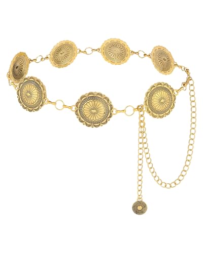 AWAYTR Chain Belt for Women – Adjustable Boho Metal Waist Chain Belt Gold Sliver for Dresses Jeans Country Concert Outfit - color: Gold-petal Circle