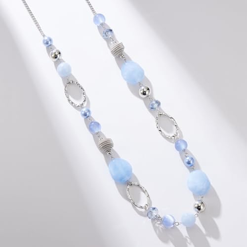 BULINLIN Beaded Long Necklace for Women Silver Sweater Chain Necklace with Crystal Resin Beads, Fashion Jewelry Necklace - color: Light blue