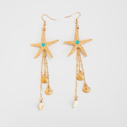 Starfish Tassel Dangle Earrings for Women Jellyfish Earrings Beach Long Dangle Drop Earring Summer Charm Earrings Ocean-Themed Dangling Earring Boho Beach Jewelry - color: Gold1