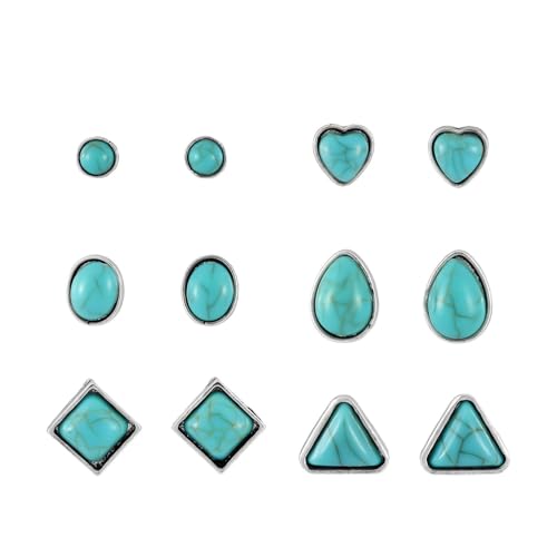 Dreuyet 4 Pairs Turquoise Earrings for Women Small Geometric Oval Round Flower Earrings Turquoise Bohemian Jewelry - style: set D