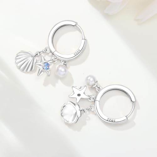 925 Sterling Silver Dangle Earrings for Women, Butterfly&Bee Animals Design, Hypoallergenic Jewelry gifts - color: Pearl starfish shell earrings