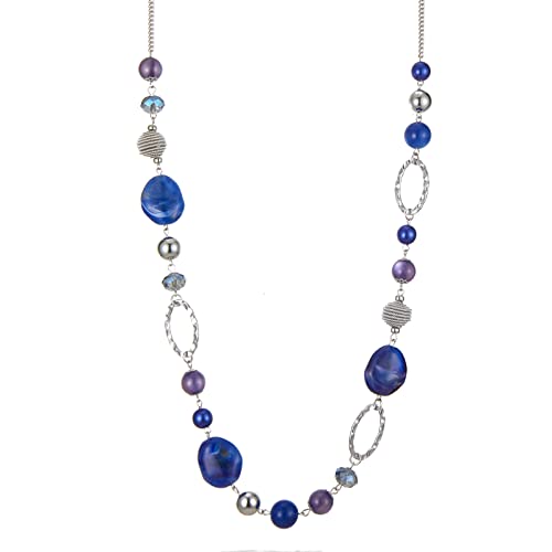 BULINLIN Beaded Long Necklace for Women Silver Sweater Chain Necklace with Crystal Resin Beads, Fashion Jewelry Necklace - color: Sapphire