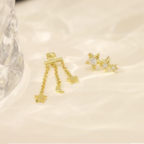 6 Pcs/6 Pairs Hypoallergenic 925 Sterling Silver Stud Post 14K Gold Earrings for Women Moon Star Hoop Stackable Cubic Zirconia Chain Dangle Earring Set Stacks for Multiple Piercings - color: Gold Star Chains
