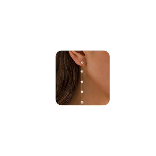 Moodear Dainty Pearl Dangle Earrings for Women - Trendy 14K Gold Plated Pearl Hypoallergenic Drop Earring Wedding Jewelry Gift - style: 5 pearl drop earrings