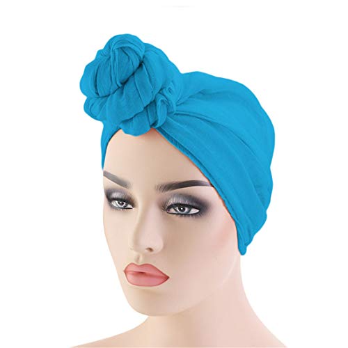 Qianmome Womens Big Flower Turban Beanie Elegant Cap Head Wrap Stretch Long Hair Scarf Headscarf - color: Blue