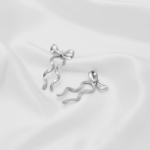 Gold Silver Bow Drop Earrings for Women Long Tassel Chain Bow Earrings Ribbon Bowknot Dangle Earrings Jewelry Gifts - color: Silver Bow D