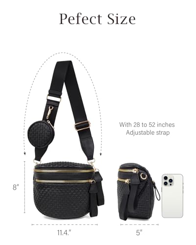 Valentoria Large Woven Leather Crossbody Bags for Women Checkered Bum Bag Sling Bag Purse Adjustable Strap Detachable Wallet | Woven - color: Black Checkered