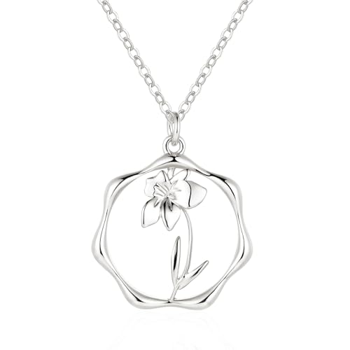 Gold Necklace for Women Birth Flower Necklaces 18K Gold Plated Custom Birth Month Floral Necklaces Birthday Gifts for Women - style: Silver-03-Daffodil