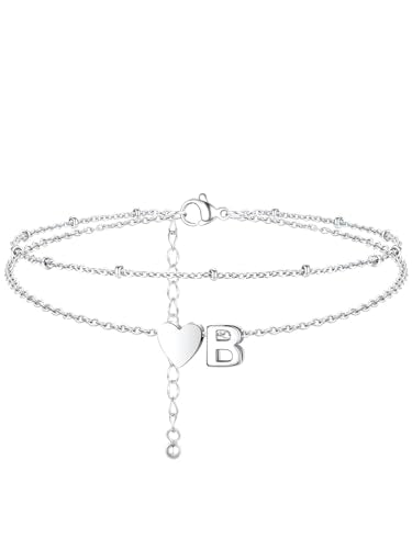Silvora Ankle Bracelets for Women Waterproof 14K Gold/Silver/Black Initial Anklet for Women Dainty Layered Heart Ankle Bracelets Stainless Steel Adjustable Foot Chain Anklet Summer Beach Jewelry - color: B-Silver