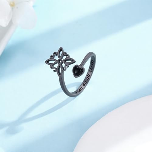 Witches Knot Ring 925 Sterling Silver Adjustable Black Onyx/Turquoise Gravel/Moss Agate/Turquoise/Moonstone Witch Ring Celtic Knot Amulet Wiccan Pagan Protection Jewelry Gifts for Women - style: Black Onyx Black Gold