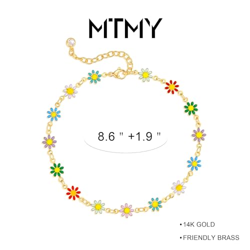 MTMY Gold Anklets for Women 14K Gold Plated Tiny Bead Anklet Colorful Tassel Foot Chain Dainty Adjustable Cute Summer Beach Boho Anklets Jewelry Gift - style: colorful daisies