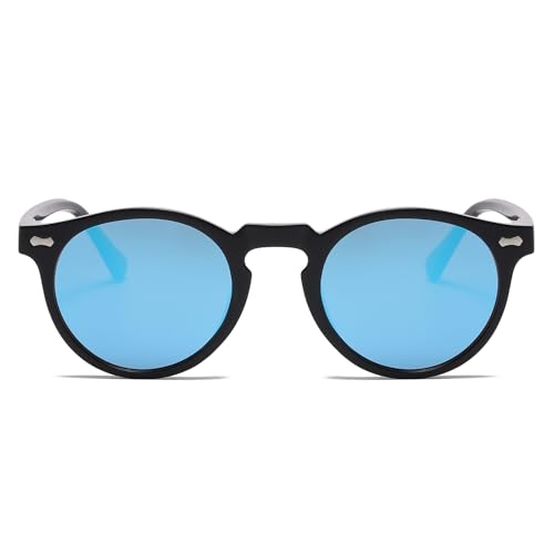 LJCZKA Round Polarized Sunglasses for Men Women Retro Small Face Sunglasses Polarized Vintage Sun Glasses UV400 Protection - color: Black Blue(mirrored)