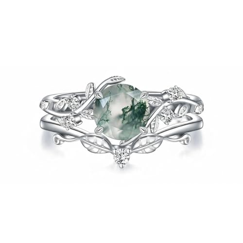 Natural Moss Agate Ring for Women 925 Sterling Silver Pear/Oval/Kite/Heart/Hexagon/Emerald/Coffin Cut Green Leaf Moss Agate Engagement Ring Promise Bridal Set Anniversary Birthday Jewelry Gifts - color: Round Cut Moss Agate