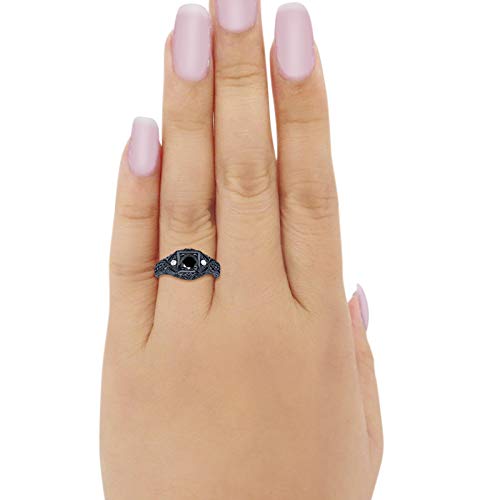 Blue Apple Co. Art Deco Ring Round Cubic Zirconia Leaf Filigree Design Split Shank Twisted Band Bridal Statement Wedding Engagement Rings For Women 925 Sterling Silver Gifts For Her - color: Black Tone, Simulated Black CZ
