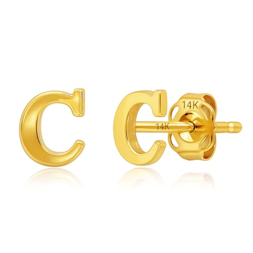 14k Gold Small Script Initial Letter Stud Earrings for Women | Anti Tarnishing 5mm 14k Gold Studs | A-Z Alphabet Earrings with Gift Box by MAX + STONE - style: C | Yellow Gold